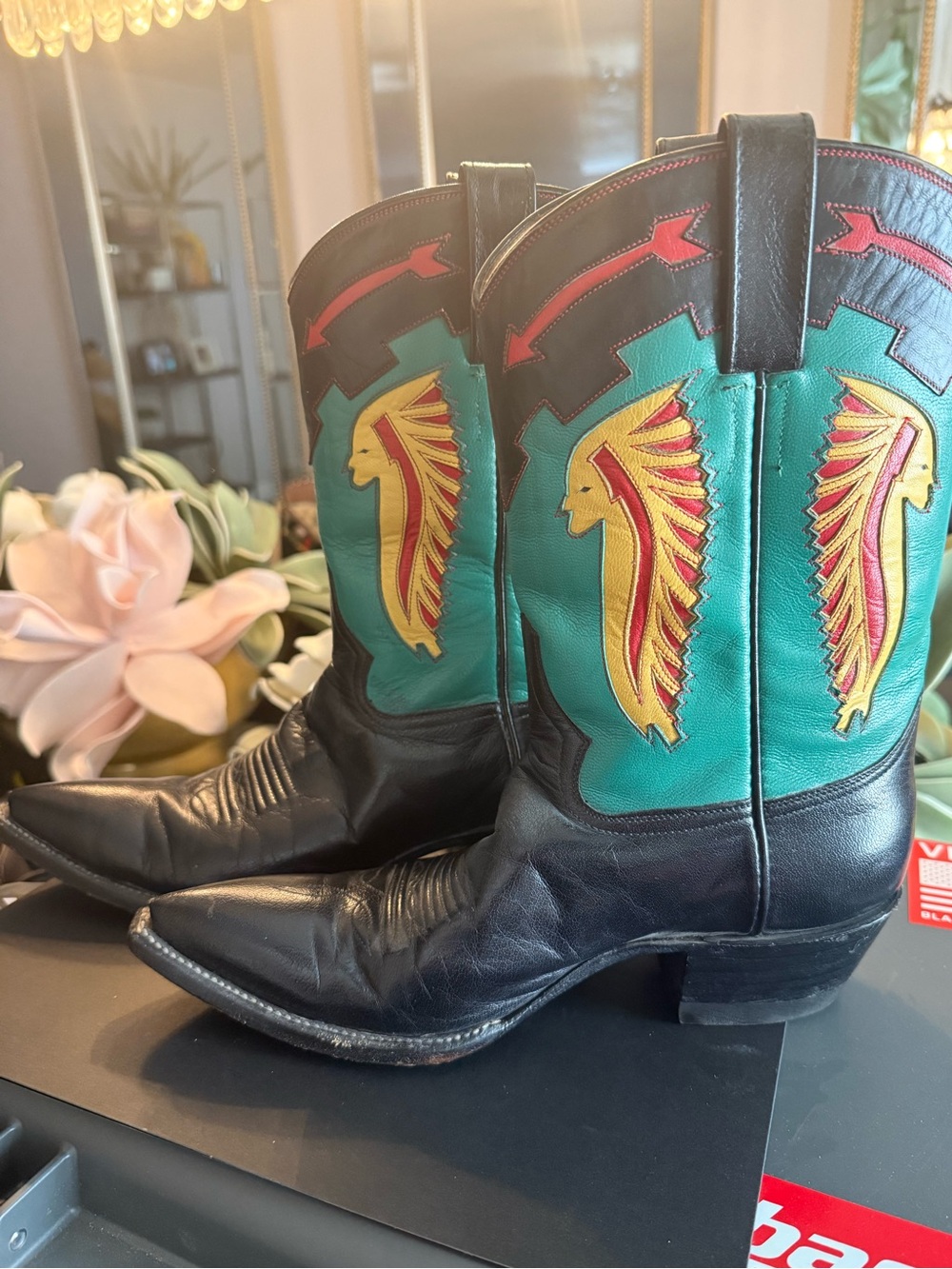 Rocketbuster Boots Black & Teal Western Boots with Red and Yellow Inlay